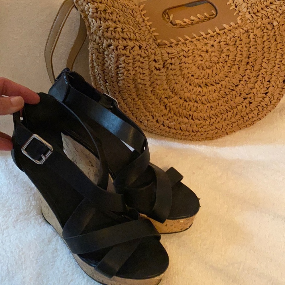 Black cross wedge sandals